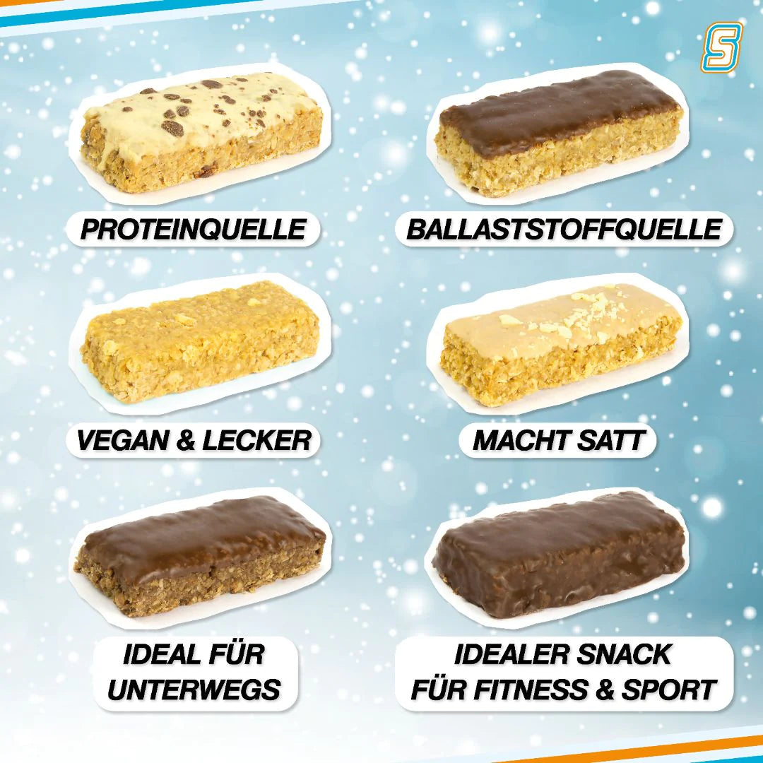 Ein Fitness-Adventskalender von Sven Jack (Energy Cake) mit 49 proteinreichen Haferflockenriegeln à 65g, perfekt als gesunde Snacks für Sportler und Energiespender während des Trainings. Dieser Kalender bietet vielfältige Geschmacksrichtungen und ist eine Ballaststoffquelle, vegan, wohlschmeckend, sättigend, lecker und ideal für unterwegs.